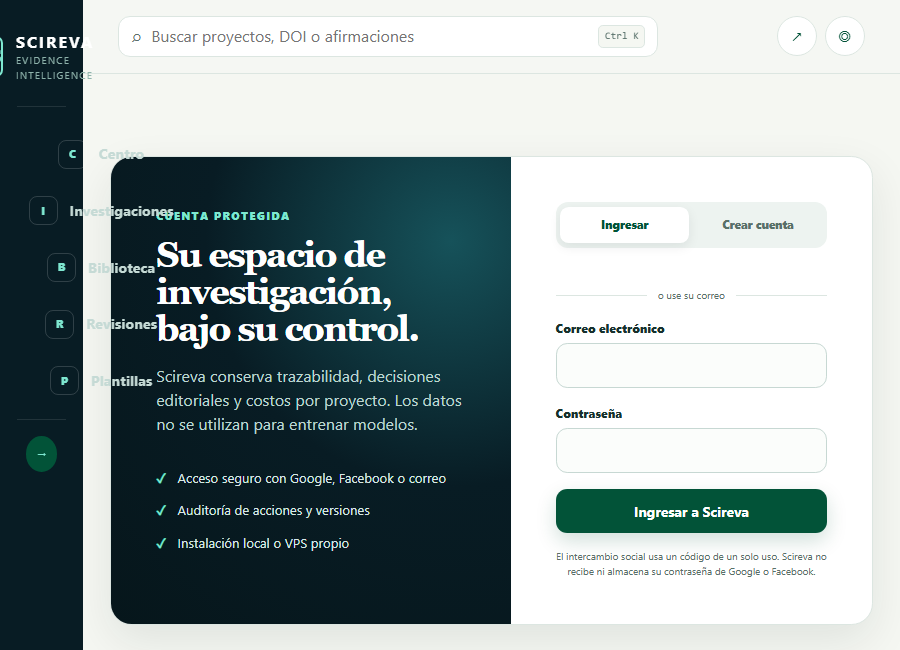 Pantalla de acceso de SciReva AI